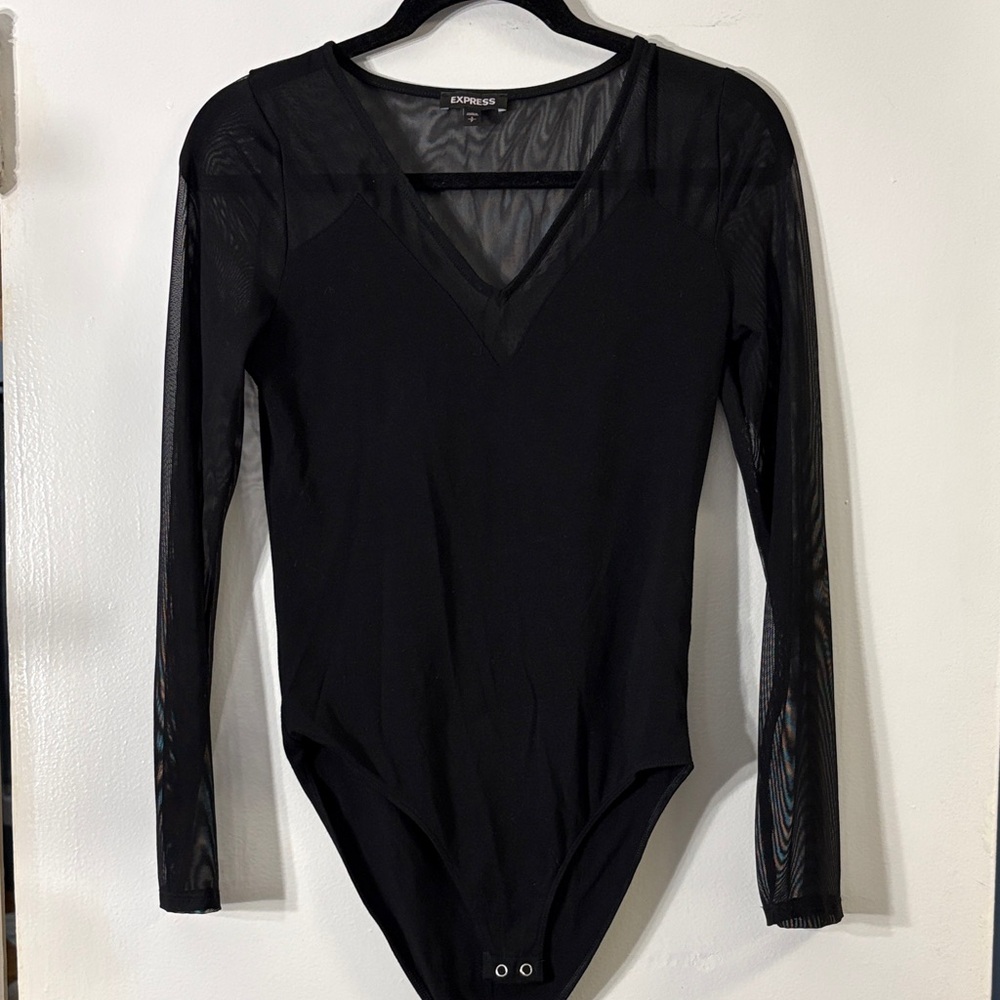 Express V-Neck Black Mesh Sleeve Bodysuit